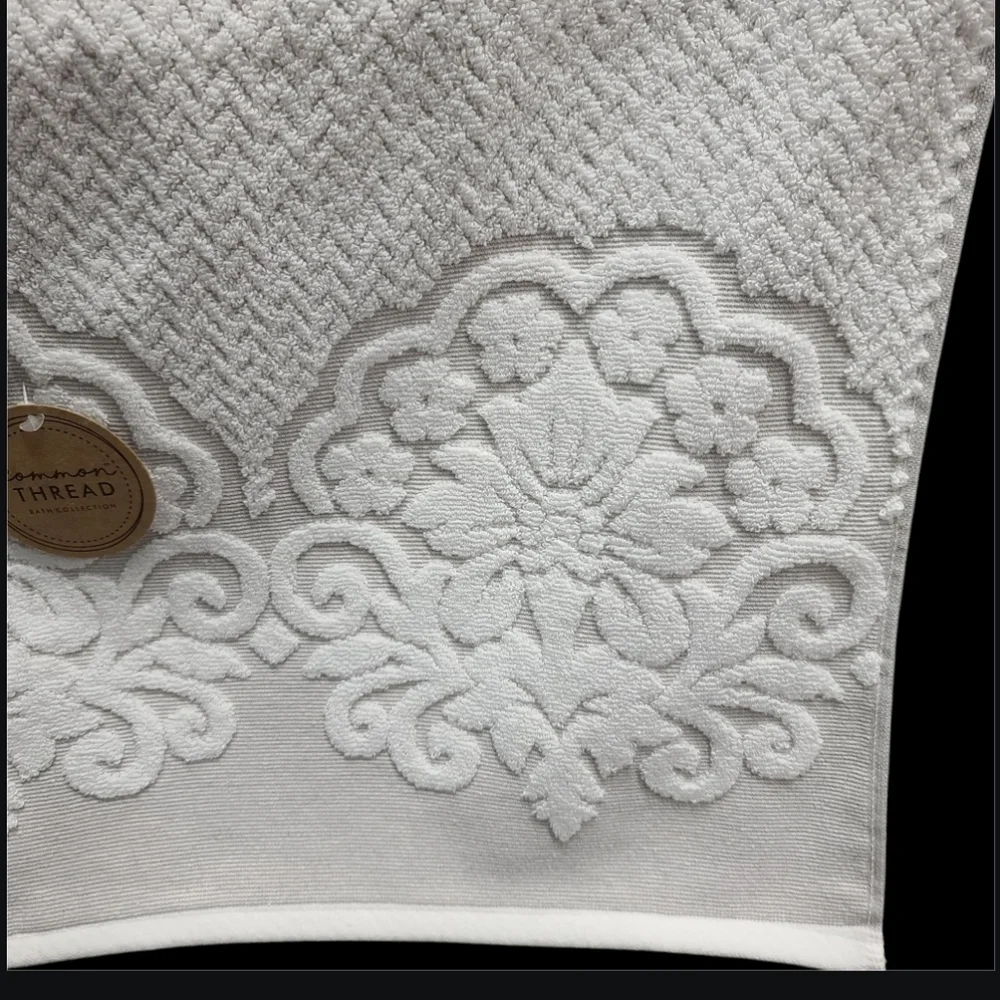 6 Piece COMMON THREAD Bath Hand Tip Towel Set Cream Scroll Jaquered Damask New